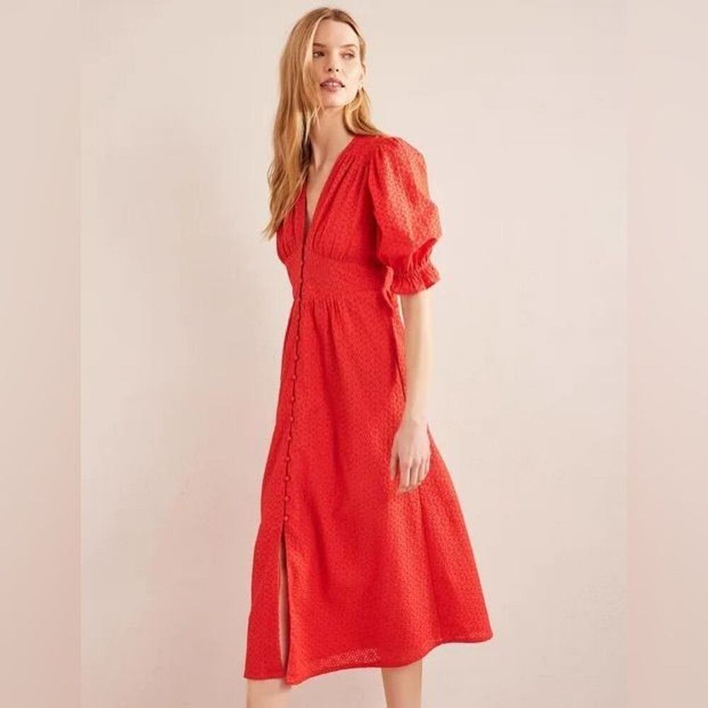 BODEN Broderie Midi Tea Button Front Puff Sleeve Dress 100% Cotton Sz 12R